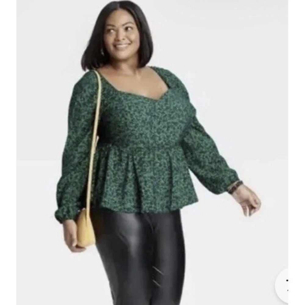 Ava & Viv Peplum Top Black Green Floral Shirt, Puff Sleeve Blouse, Size 2X New